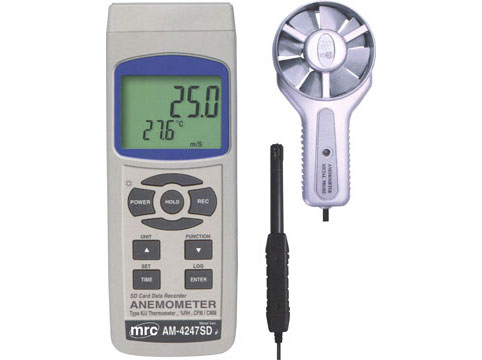 ANEMOMETER metal vane+Air Flow+Humidity/Temp, Type K/J Temp+Data Logger